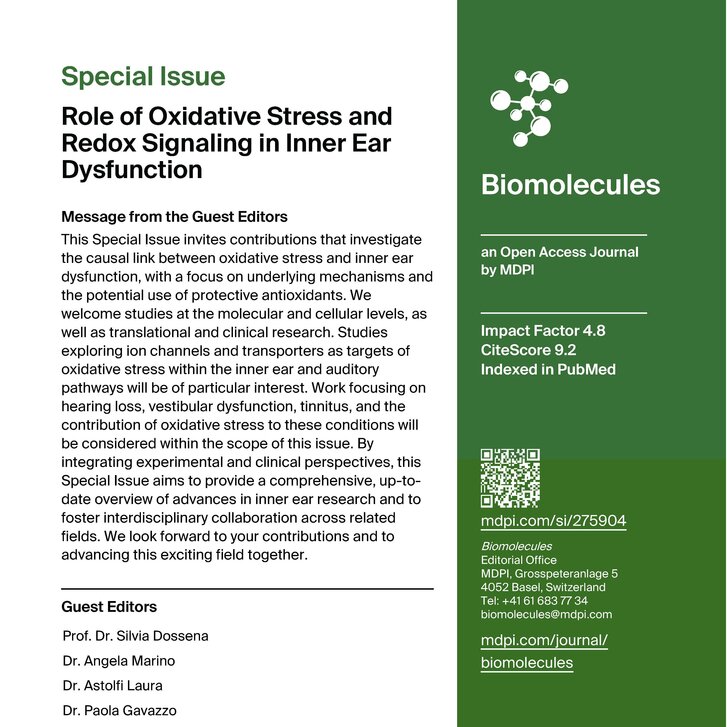 Sonderausgabe zu oxidativem Stress und Hörverlust im Journal Biomolecules Sonderausgabe zu oxidativem Stress und Hörverlust im Journal Biomolecules